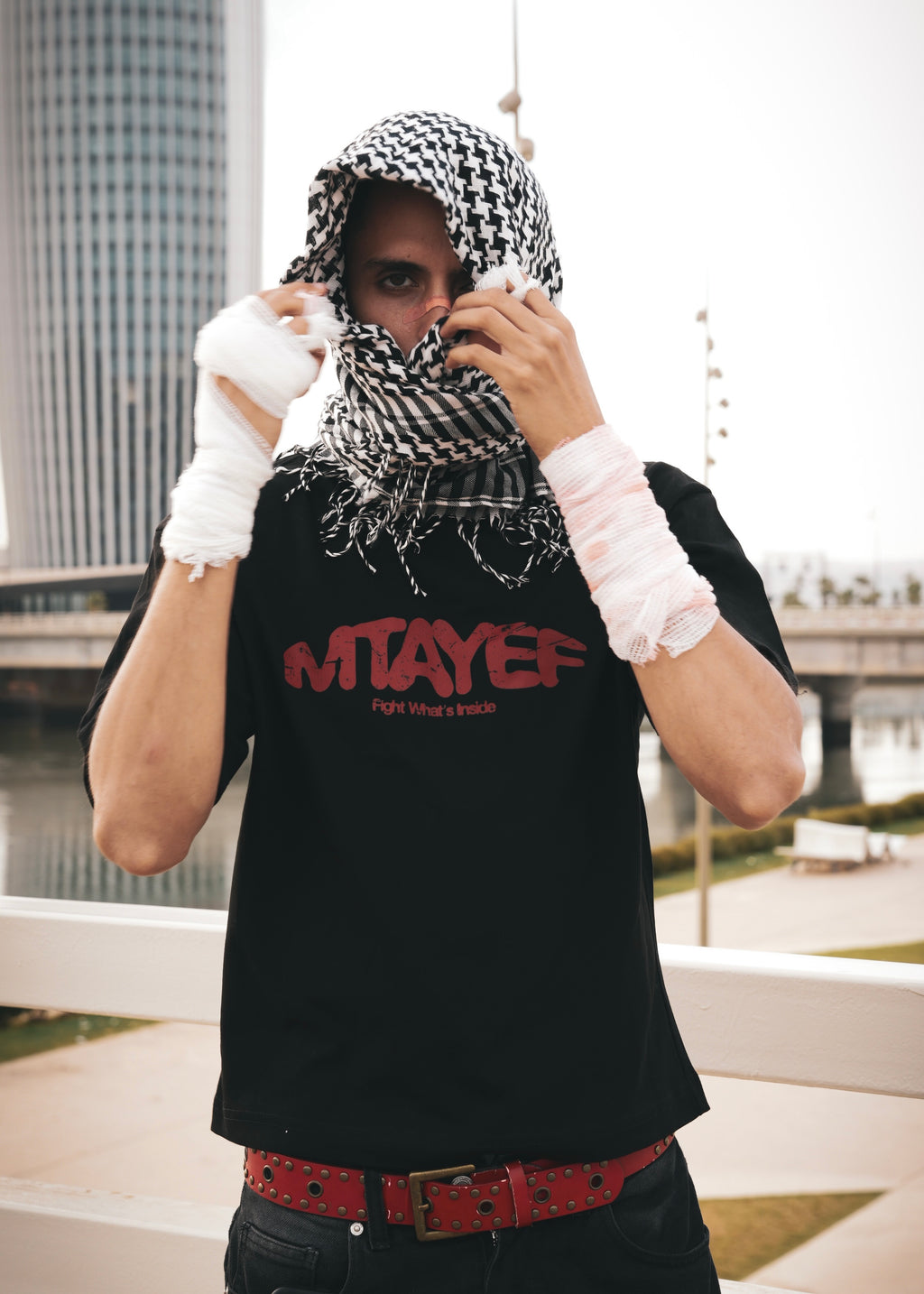 MTAYEF black oversized T-shirt with red graphic on the front