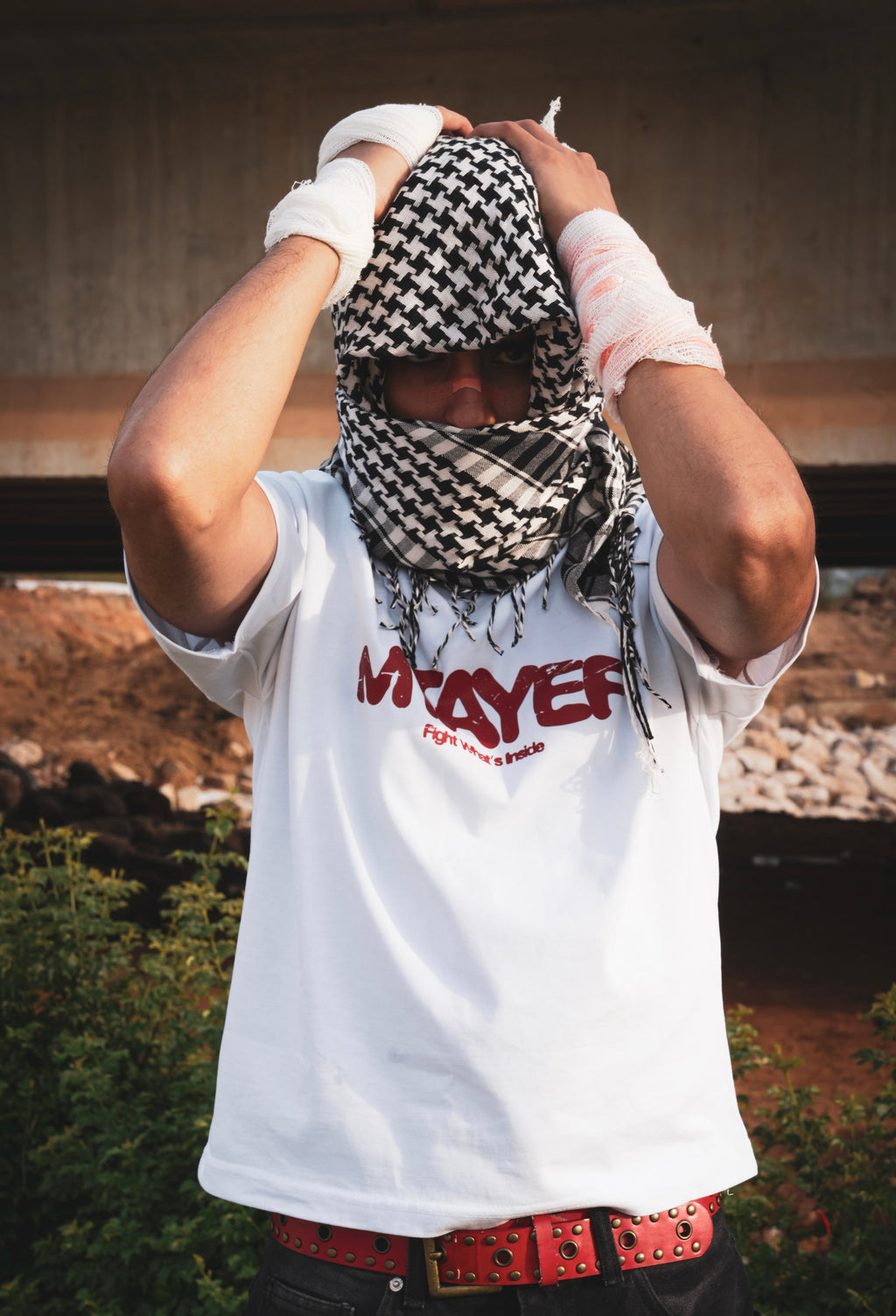 MTAYEF white oversized T-shirt with red graphic on the front